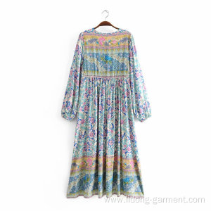 Printing Loose Casual Long Sleeve Dress With Bow